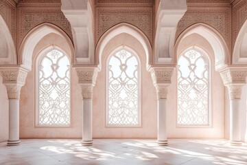 Obraz premium Elegant Islamic architecture interior with arched windows and intricate detailing.