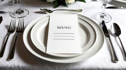 Elegant fine dining table setting with white porcelain plates, silverware, and a printed menu card on a luxurious tablecloth, decorated with fresh white flowers for a sophisticated ambiance

