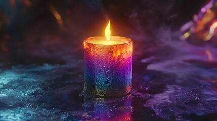 Colorful candle burning with smoke reflection.