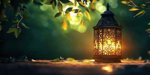 Glowing lantern in tranquil garden setting at dusk.