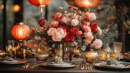 Chinese New Year celebration theme featuring golden numbers, floral decorations, and traditional elements in red and gold hues, creating an elegant and festive atmosphere.