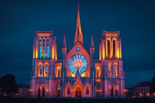 Night illumination, Gothic cathedral, city park - Powered by Adobe