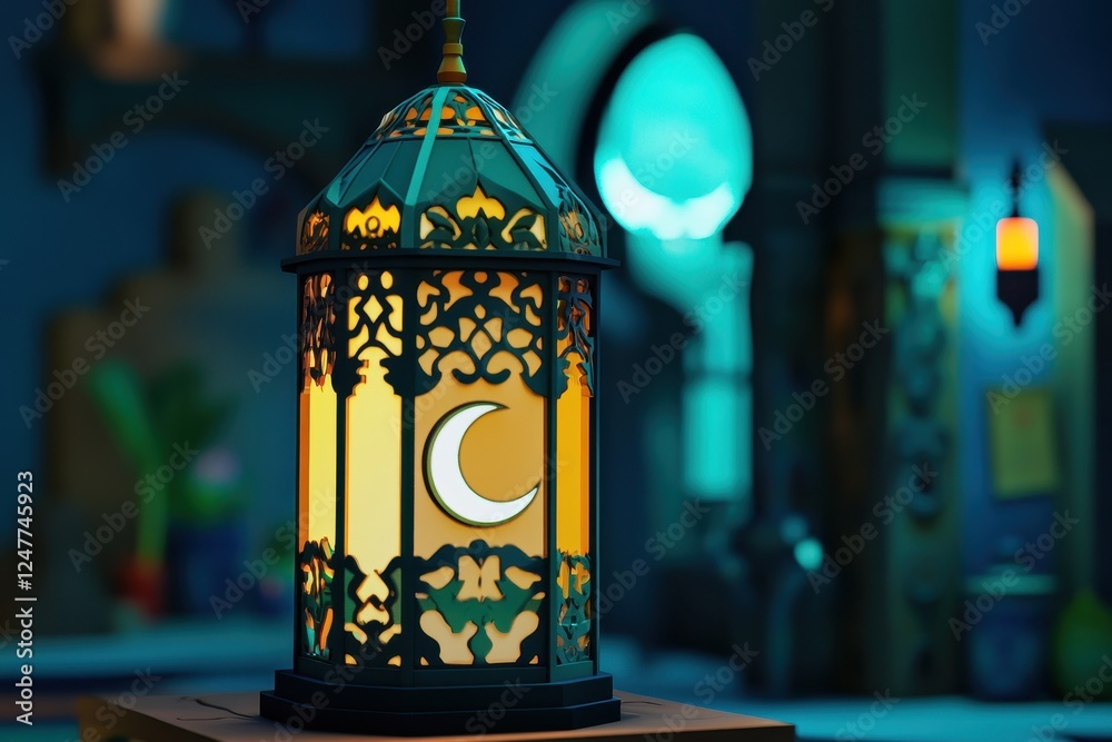 Poster illuminated ramadan lantern with crescent moon.