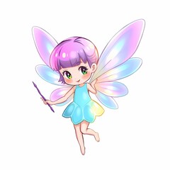 Whimsical Fairy with Wand: A charming anime-style fairy with iridescent wings, a wand in hand, and a playful expression, ready to sprinkle magic on your designs.