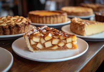 Slice of delicious apple pie with caramel filling presented on a white plate, surrounded by various baked desserts in a rustic setting