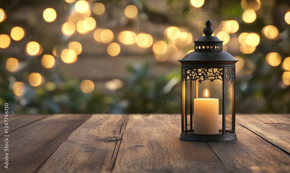 Poster lit candle in ornate lantern on wooden table with bokeh background.