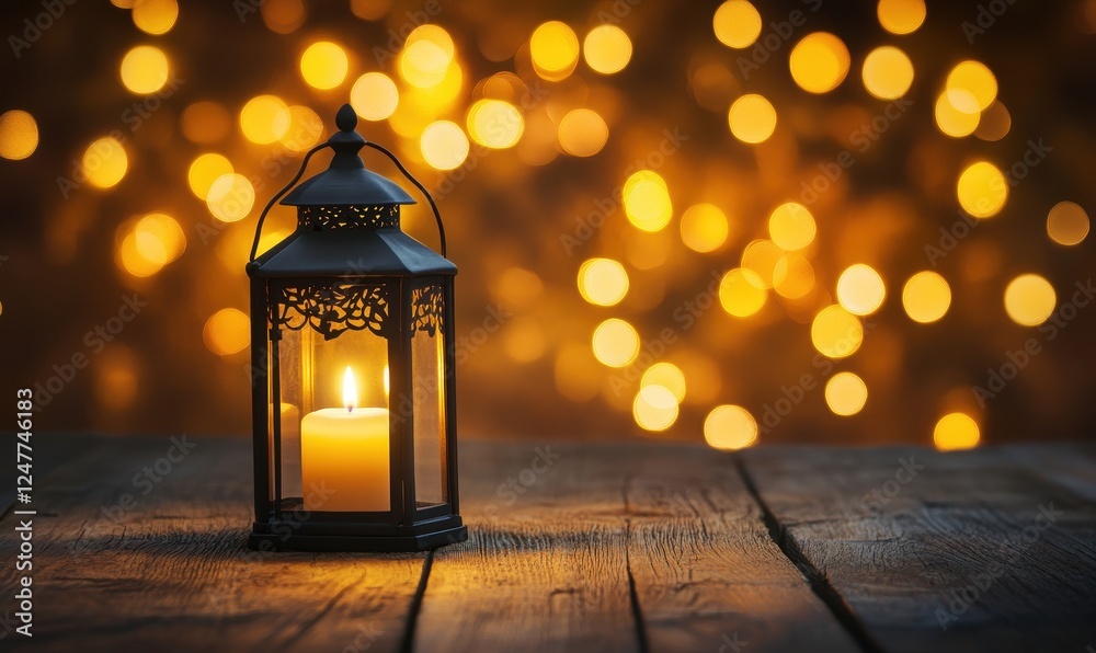 Poster illuminated lantern with candle on wooden surface, bokeh background.