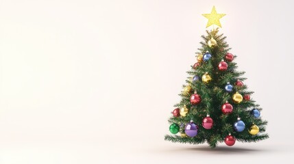 Obraz premium Decorated Christmas tree with colorful ornaments and a star on top, isolated on white background.