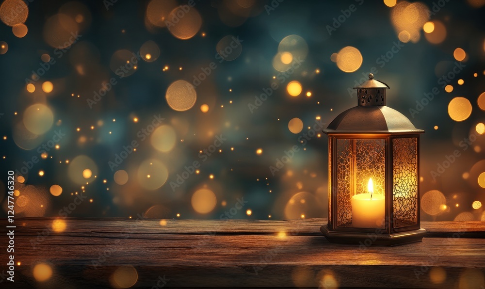 Poster glowing lantern on wooden table with bokeh lights.