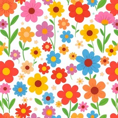 Vibrant Floral Pattern: A cheerful seamless pattern featuring a delightful array of colorful flowers in various sizes and shades, perfect for adding a touch of springtime joy to any project. 