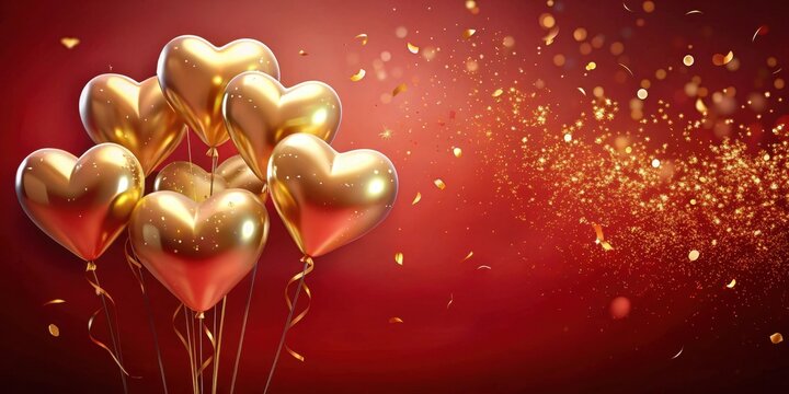 A cluster of golden heart-shaped balloons floats against a rich red backdrop, adorned with shimmering golden confetti, celebrating a joyous occasion with festive sparkle and elegance.