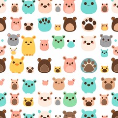 Cute Animal Pattern: A playful and adorable seamless pattern featuring a diverse array of cartoon animal faces in a rainbow of pastel colors, perfect for kids' room decor, baby products.