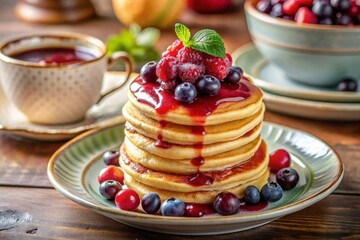 A Stack of Fluffy Pancakes Topped with Berry Compote and Fresh Berries on a Rustic Wooden Table