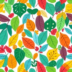 Vibrant Leaf Pattern: A lively and colorful seamless pattern featuring a variety of leaves in various shapes, sizes, and vibrant hues, creating a cheerful and energetic design. 