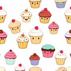 Sweet Treats Seamless Pattern: A charming and cheerful seamless pattern featuring adorable cartoon cupcakes with various toppings and frosting colors.