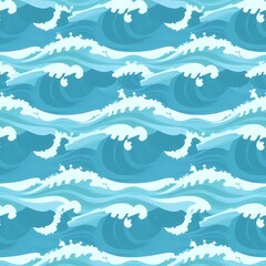 Seamless Ocean Wave Pattern: A vibrant and stylized seamless pattern featuring repeating waves in shades of blue and white, evoking the rhythm and movement of the ocean. Perfect for textile design.