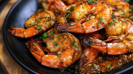 Delicious Grilled Shrimp Platter Garnished with Fresh Herbs close up shot