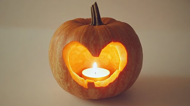A carved pumpkin with a heart-shaped design, illuminated by a candle inside, sits on a plain background.