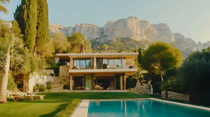 Naklejka premium A minimalist modern house in the mountains of Mallorca