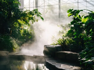 A serene misty scene featuring lush greenery and a tranquil water feature, creating a peaceful atmosphere in a greenhouse environment.