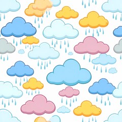 Obraz premium Raining Clouds Seamless Pattern: A cheerful and playful seamless pattern featuring colorful cartoon clouds with raindrops falling, perfect for children's designs, textiles, and stationery. 
