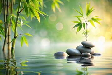 Obraz premium Serene Bamboo and Stones Reflecting in Tranquil Water, a Symbol of Peace and Harmony
