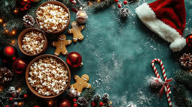 Christmas themed premiere featuring thematic elements, gingerbread man shaped glasses, delectable popcorn, Santa's hat, ornaments, and straws on a green backdrop with ad space.