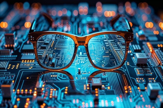  Glasses reflecting circuit board, symbolizing digital vision enhancement