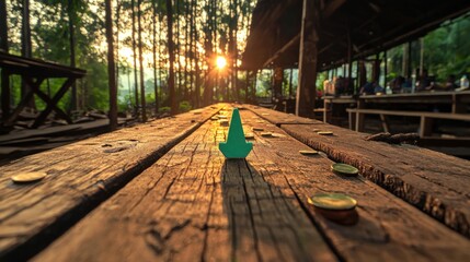 Fototapeta premium Wooden table with a green cup and natural light reflection