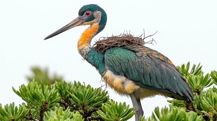 Fototapeta premium Vibrant Green Bird with Nest on a Lush Tree Branch: A Stunning Wildlife Image
