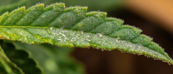 A close-up of a green leaf with droplets of water, showcasing its texture and natural beauty.