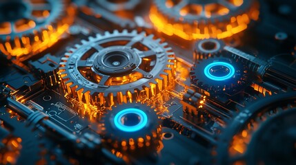 Glowing gears meshing, intricate mechanism.