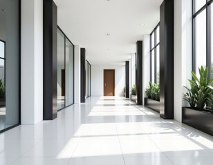Fototapeta premium Bright Hallway with Black Columns and Planters