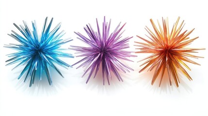 Obraz premium Three vibrant, spiky, abstract spheres in blue, purple, and orange, arranged in a row on a white background.