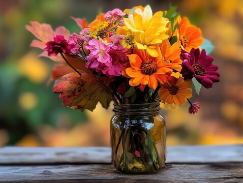 Autumnal floral arrangement in mason jar creates a cozy, rustic aesthetic