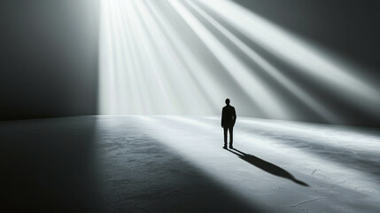 Shadowy Figure Walking Alone in Vast Empty Space with Dramatic Light Rays