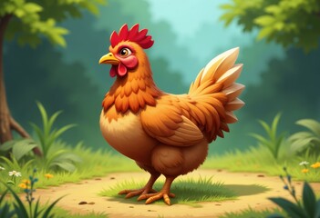 Fototapeta premium Cartoon Style Chicken Standing on Dirt Path in a Forest