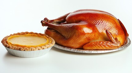 Roasted turkey and pumpkin pie on aluminum trays against white background.