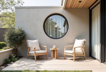 Chairs on a Patio with a Round Window