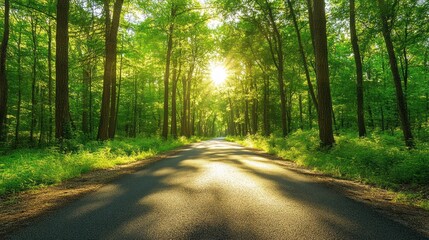 Obraz premium Sunlit Path Through a Lush Green Forest