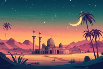 Desert mosque at sunset with crescent moon and stars.