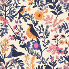 Colorful birds and flowers in seamless pattern