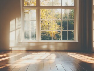 Obraz premium Sunlight Streaming Through a Large Window onto a Wooden Floor in an Empty Room