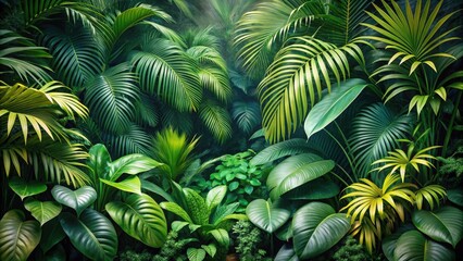 Lush Tropical Foliage A Vibrant Display of Verdant Leaves and Exotic Plants in a Dense Jungle Setting