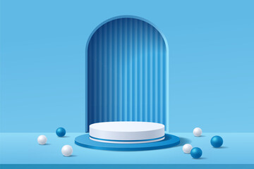 Empty 3d white and blue round podium with abstract geometric shape arch style background