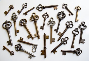 Fototapeta premium Collection of Ornate Antique Keys on White Background