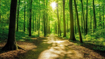 Naklejka premium Sunlit Path Through a Lush Green Forest