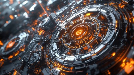 Fototapeta premium Abstract digital art of futuristic circular mechanism with glowing orange core.