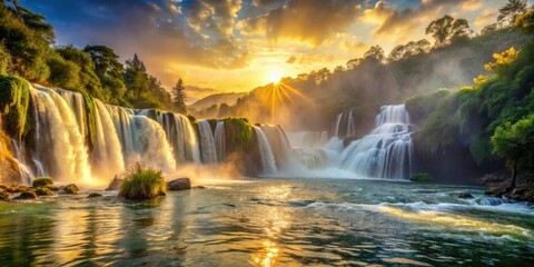 Golden Hour Serenity Majestic Waterfall Cascading into a Tranquil Pool at Sunset