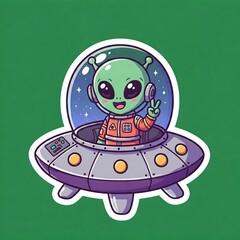 Obraz premium A mini chibi alien friend sitting inside a tiny spaceship, making a peace sign. Vector sticker, solid green background.